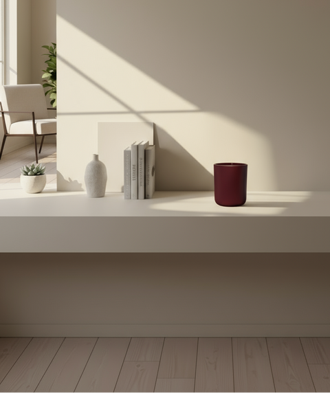 Modern interior with a red candle on a white surface, minimal decor, and natural light.