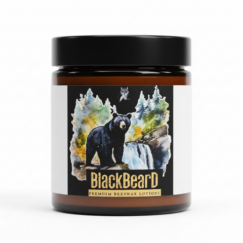 Black Bear with scenic background and 'BlackBeard Premium Beeswax Lotions' text