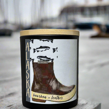 bourbon leather candle, bourbon candle, leather candle, made in alaska, alaska made, waterboot