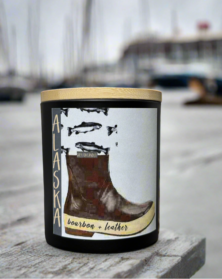 bourbon leather candle, bourbon candle, leather candle, made in alaska, alaska made, waterboot