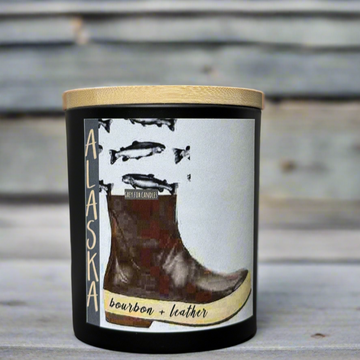 bourbon leather candle, water boot candle, grey fox candles, bourbon and leather, alaska candle company, made in alaska, alaska made