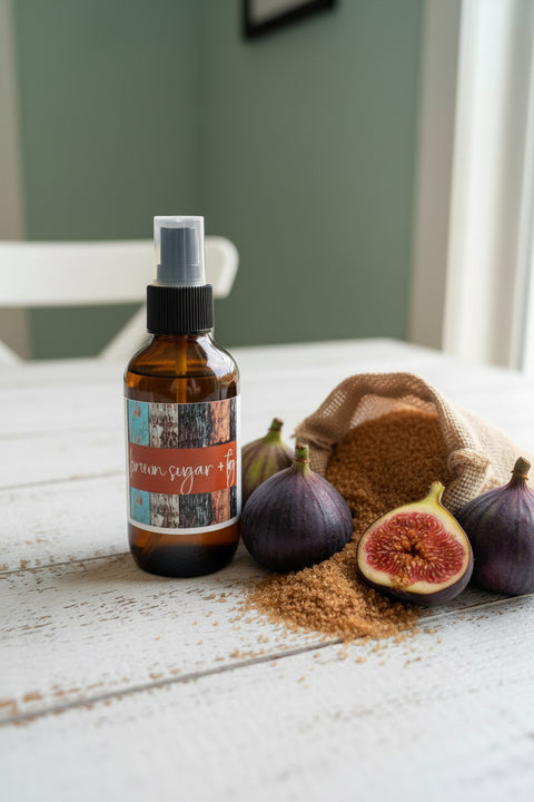 An amber glass spray bottle with a black spray top and a rustic wood-patterned label reading 'brown sugar + fig', set on a white surface with a large bag of brown sugar, figs and blurred greenery behind it.