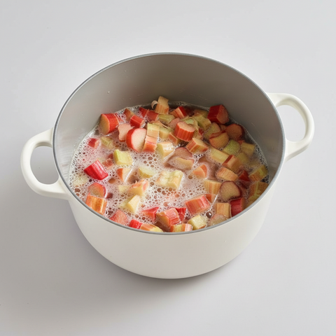 Chopped rhubarb with red, pink, and pale yellow stalks simmering in water inside a light gray pot