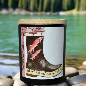 fish on, fish on candle, grey fox candles, alaska made, made in alaska, alaska candle company