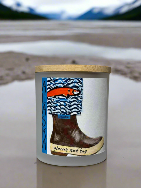glacier mud hug waterboot candle, alaska candle, made in alaska, alaska candle company