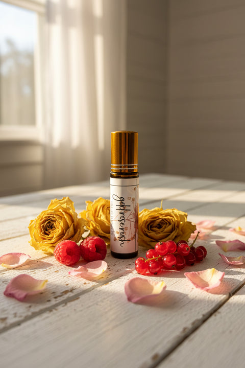 A small amber glass roll-on perfume bottle with a gold cap sits on a distressed white shiplap surface. fragrance is noted as gold rose rush. Dried yellow roses, scattered rose petals, a few raspberries, and red currants are arranged naturally around the bottle. Warm, soft golden light from a nearby window creates a romantic, cozy glow. made in alaska by grey fox candles.