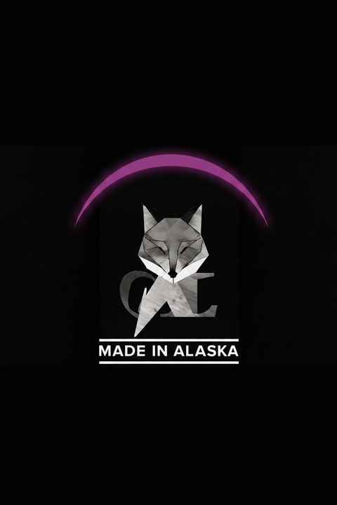 BLACK BACKGROUND WITH A PLUM ARC featuring a geometric fox head logo for grey fox candles and the text 'MADE IN ALASKA' in white.