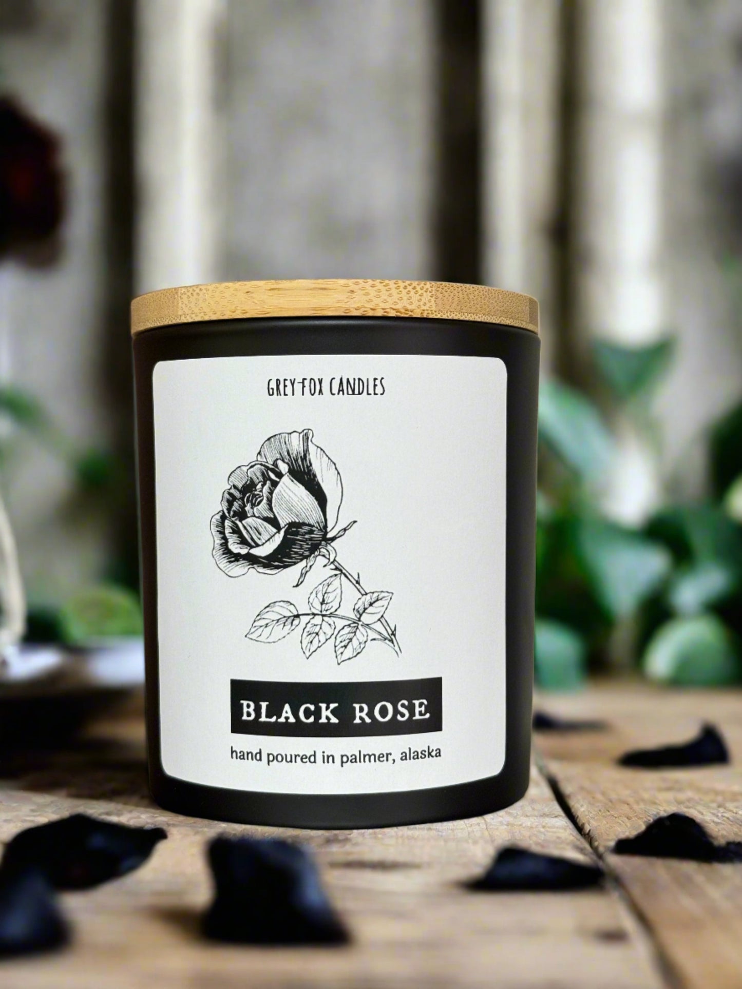 black rose candle, grey fox candles