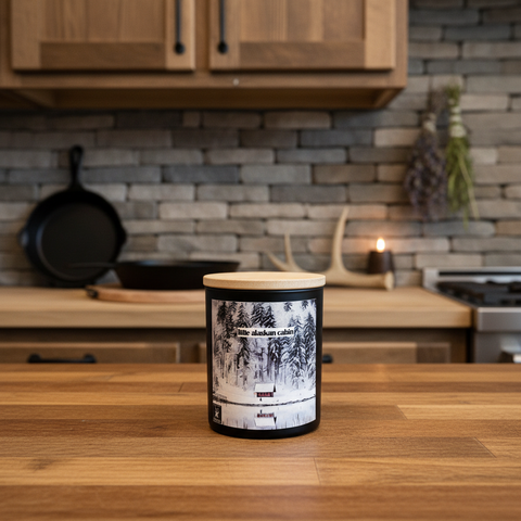 Candle with 'Little Alaskan Cabin' label on a wooden surface with decorative lights in the background