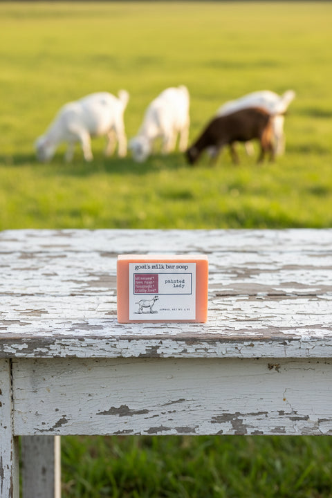 Bar of goats milk soap on a wooden surface with sheep grazing in the background