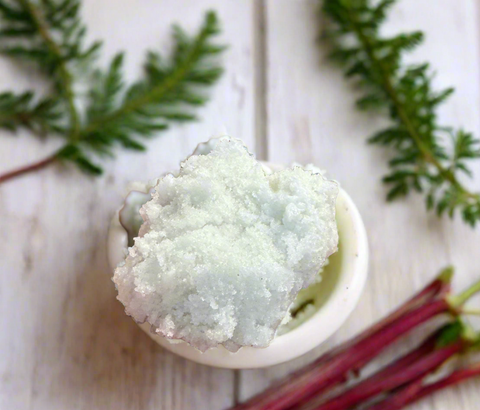 rhubarb + fir sugar scrub in a bowl on a table top with fresh cut rhubarb
and balsam fir sprigs