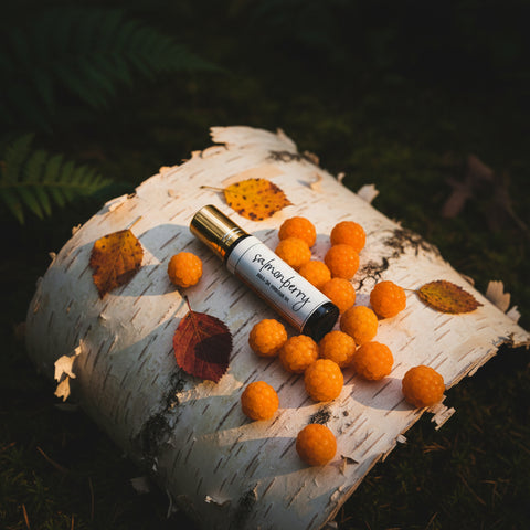 Birch bark flat lay with salmonberries, a few leaves turning fall colors, warm golden light from the side. grey fox roll on perfume rests on top in salmonberry fragrance, with beautiful artistic labels and a gold cap. made in alaska