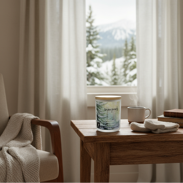 Candle and mug on a wooden table with a window view of trees