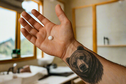 Hand holding a white pill with a bear tattoo on the wrist, in a bathroom setting.