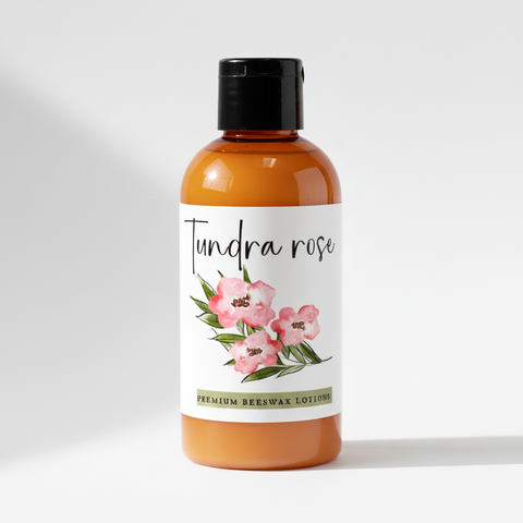 Tundra Rose premium beeswax lotion label with floral design and branding information.