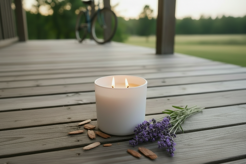 White candle with two flames on a wooden deck, surrounded by lavender and small wooden items.