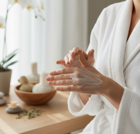 Woman in white robe applying lotion to hands