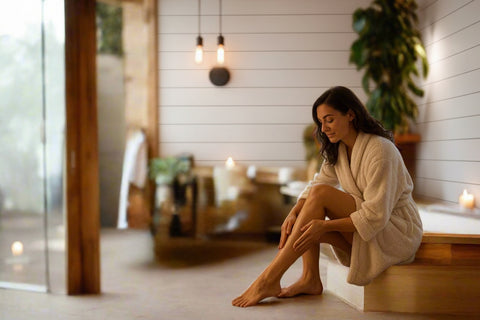 Woman in a robe sitting on a wooden bench in a spa-like setting with candles and plants.