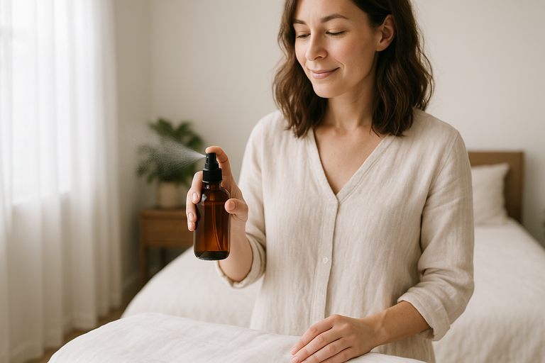 Woman holding an amber glass bottle in a bedroom setting