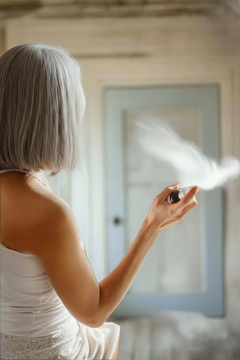 A woman with short gray hair is shown from behind, holding a white spray bottle and spraying a fine mist in a softly lit indoor room.