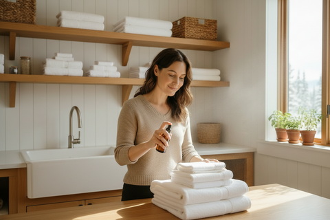 woman using linen spray on bed sheets