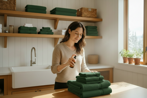 woman using linen spray on fresh towels, grey fox candles, made in alaska