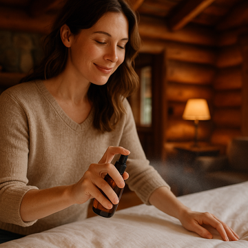 woman using linen spray on bed sheets