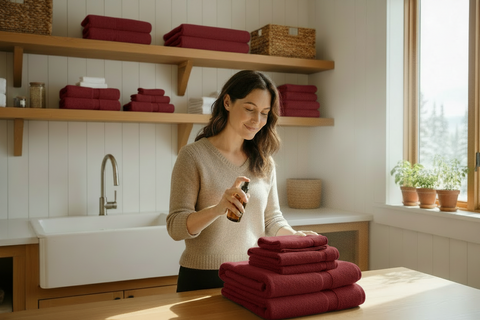A woman in a beige knit sweater stands in a bright laundry room, holding a spray bottle over a neatly stacked pile of cranberry towels on a wooden table. Wooden shelves in the background hold more folded towels and baskets.