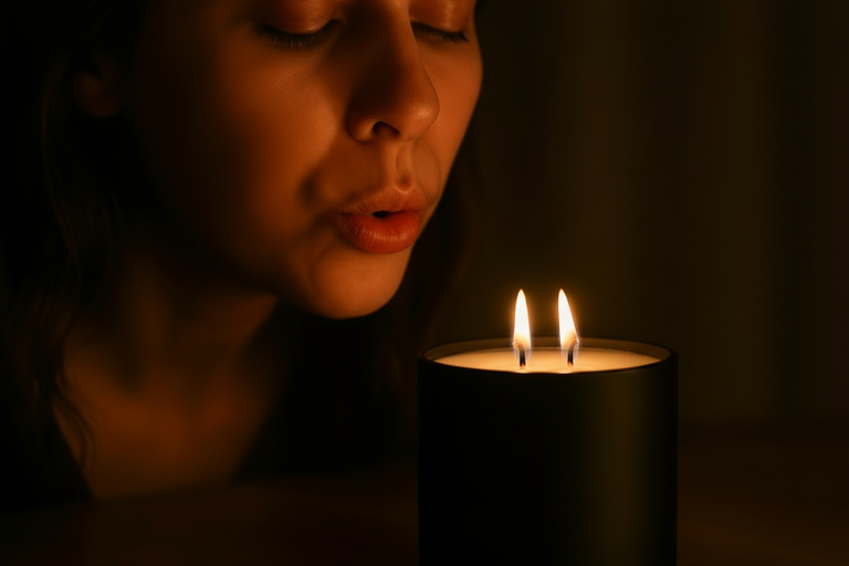 woman with eyes closed blowing a candle  out in a dimly lit setting