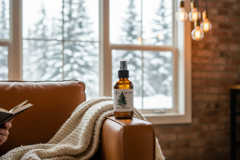 grey fox candles, sitka spruce linen spray on a cozy couch, edison lighting and snow covered spruce trees outside the window