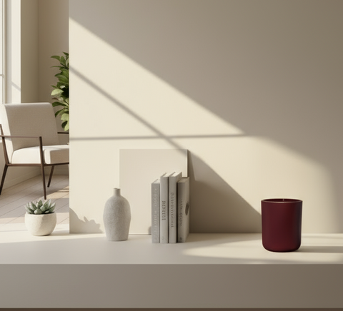 Modern interior with a red candle on a white surface, minimal decor, and natural light.