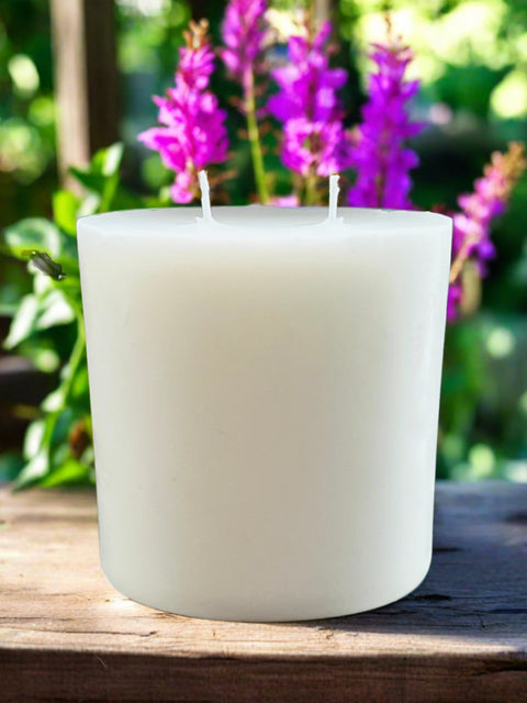 A white, pillar-shaped candle refill with multiple wicks, designed to fit inside a 12oz Grey Fox Candle AURA GLASS JAR.