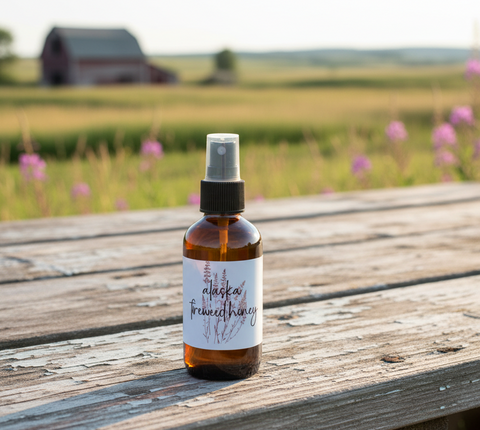 Bottle of 'Alaska Fireweed Honey' on a wooden surface with a field and barn in the background