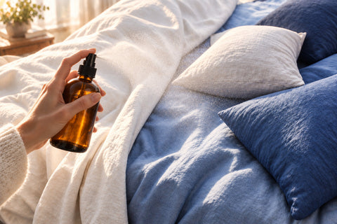 A hand holds an amber glass spray bottle over a neatly made bed with blue and white bedding.