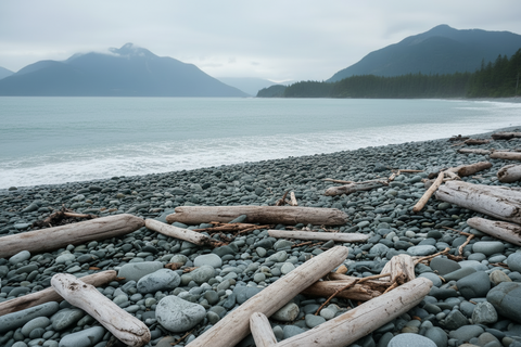 ocean and alaska beach with scattered driftwood and  mountains in the background