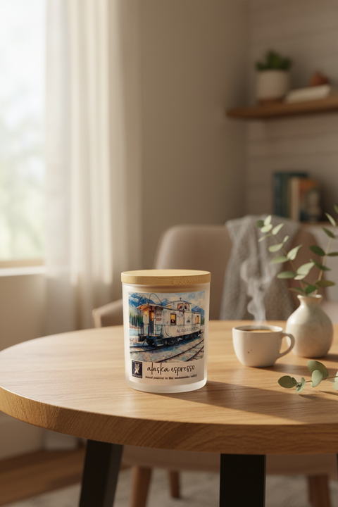 Alaska Espresso coconut wax candle in white frosted vessel with bamboo lid, styled on a warm wooden dining table next to a steaming coffee cup and eucalyptus sprig, Grey Fox Candles