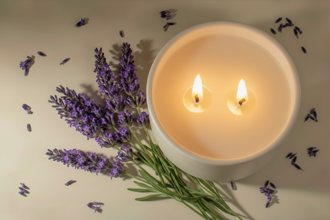 A lit double-wick candle in a white ceramic holder, styled with fresh lavender sprigs on a warm beige surface.
