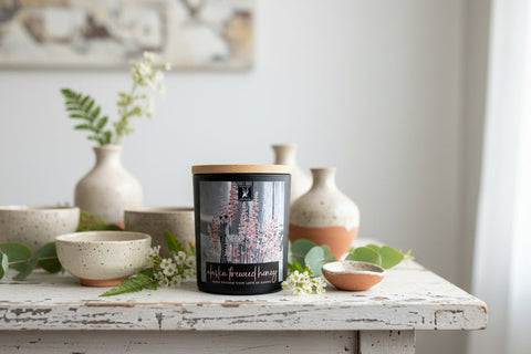 Candle on a rustic wooden table with decorative items and a blurred background