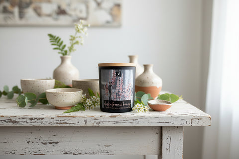 ALASKA FIREWEED HONEY CANDLE, GREY FOX CANDLE, ALASKA CANDLE COMPANY, MADE IN ALASKA, ALASKA MADE, FARMHOUSE CANDLE