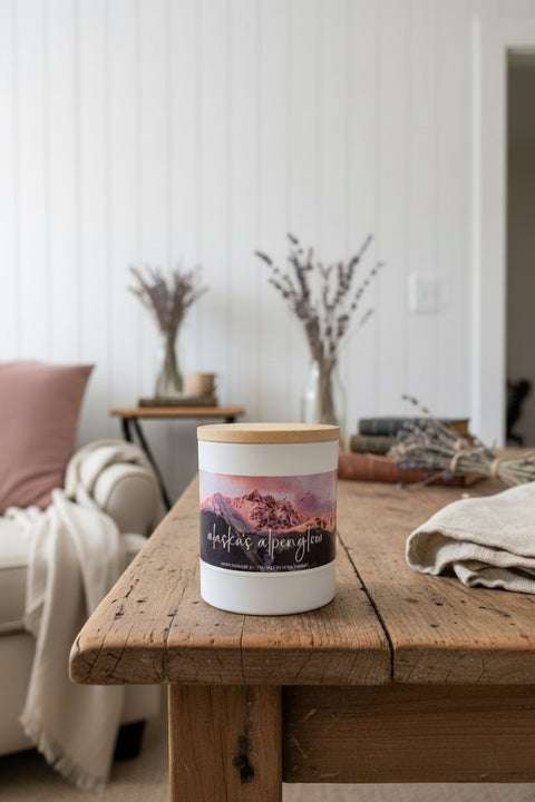 A white candle jar with a light wood lid sits on a dark wooden shelf. The front label features a scenic graphic of pink and purple mountains with the text 'alaska's aspenglow' and '100% Poured in alaska by GREY FOX CANDLES
