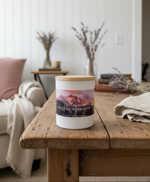 A white candle jar with a light wood lid sits on a dark wooden shelf. The front label features a scenic graphic of pink and purple mountains with the text 'alaska's alpenglow' and '100% Poured in alaska by GREY FOX CANDLES.