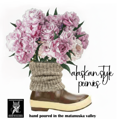 A stylized illustration of a brown boot with a beige knit cuff filled with pink peony flowers, on a white background with the text 'alaskanstyle peonies' and a small 'Made in Alaska' logo.