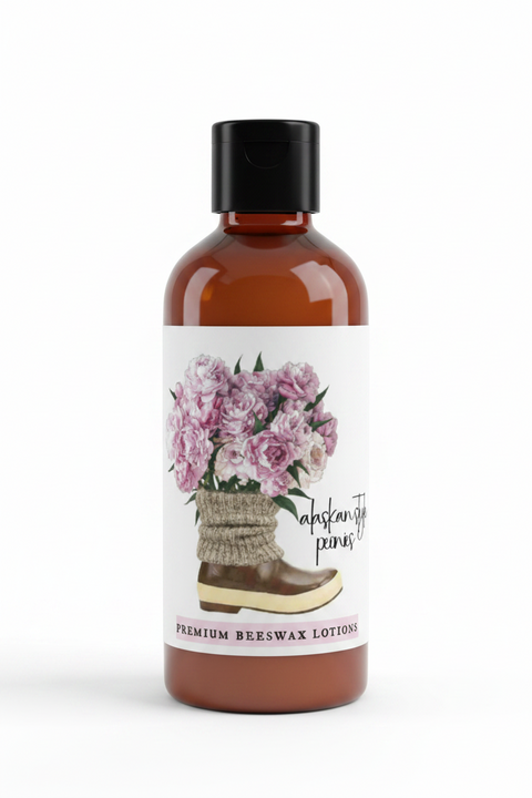 alaska style peonies trial size lotion, grey fox candles, made in alaska
