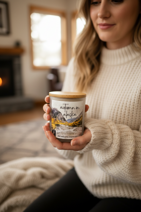 A woman in a cozy cream knit sweater holds a glass jar candle with a bamboo lid. The candle label features an illustration of mountains and the text 'autumn in alaska'.