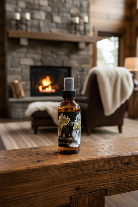 black spray top and a label showing a bear and the text 'BlackBeard', placed on a rustic wooden table in a cozy living room with a fireplace in the background.