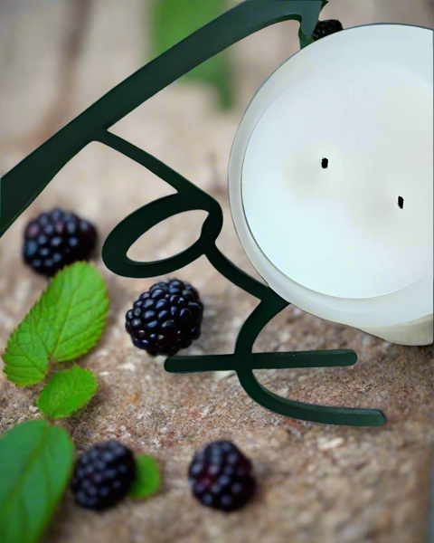 blackberry bourbon candle, two cotton wicks, wild blackberries scattered