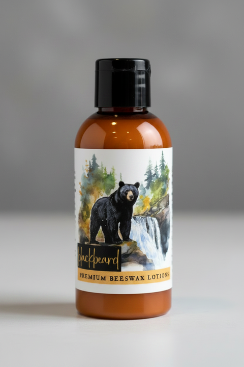 A product information card for Blackbeard Premium Beeswax Lotions, featuring a central product box with a bearded bear and pine tree illustration, flanked by text detailing ingredients and usage on a white background.