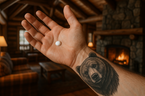 Hand holding a small white object with a bear tattoo in a cozy indoor setting