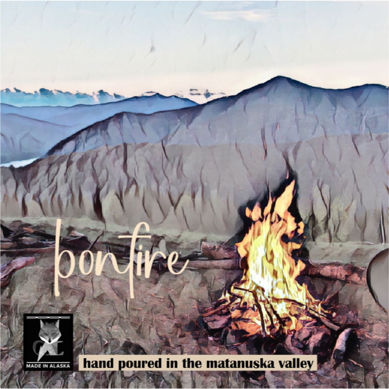 Bonfire with mountains in the background and 'bonfire' text overlay.