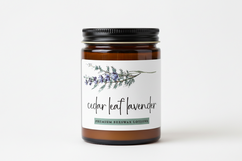 Jar of cedar leaf lavender lotion with a label on a white background